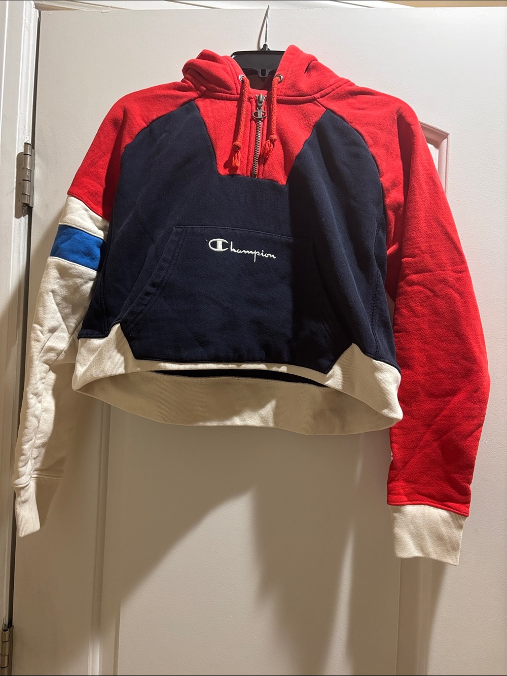 Champion Red, Navy & White Colorblock Cropped Hoodie
